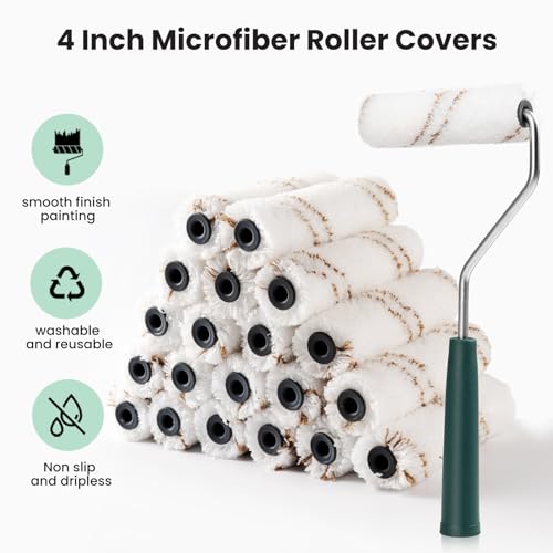 Mister Rui - Microfiber Paint Roller Covers 4 Inch - 40 Pack, Small Paint Roller Covers with Roller Frame Kit, Mini Paint Rollers for Painting Walls, Paint Supplies for House Painting