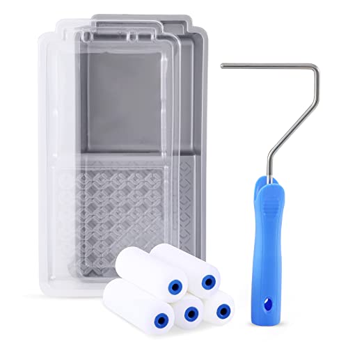 Mister Rui Foam Paint Roller, 4 inch Paint Roller 8 Pack, Small Paint Roller, High Density Foam Paint Roller Tray and Liner Set, Sponge Rollers for Painting and Staining