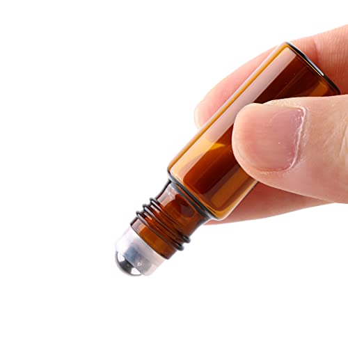 MaxMau 24 Pack 5ml Amber Glass Roller Bottles for Essential Oils,Roll on Bottle with Stainless Steel Roller Balls Golden Painted Caps for Daily Aromatherapy Sample Test Travel