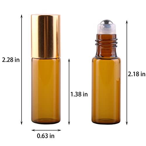 MaxMau 24 Pack 5ml Amber Glass Roller Bottles for Essential Oils,Roll on Bottle with Stainless Steel Roller Balls Golden Painted Caps for Daily Aromatherapy Sample Test Travel