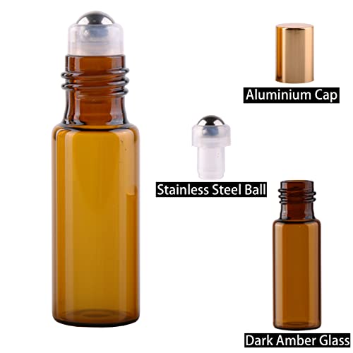 MaxMau 24 Pack 5ml Amber Glass Roller Bottles for Essential Oils,Roll on Bottle with Stainless Steel Roller Balls Golden Painted Caps for Daily Aromatherapy Sample Test Travel