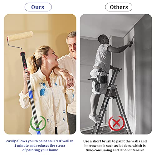 6FT Paint Roller Brush kit, Multi-Function Paint Roller kit with House Paint Roller Brush 6 FT Stainless Steel Pole New Splicing Rod Mural Brush for Walls and Ceiling (White)