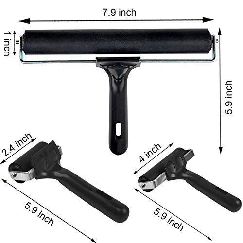3 Pack Printmaking Brayers - Premium Brayer Rollers for Crafting, Hard Rubber Roller Brayers, Vinyl Roller Ink Paint Brush for Wallpapers Stamping Gluing Application (2.4’’, 4’’, 7.9’’) (Black)
