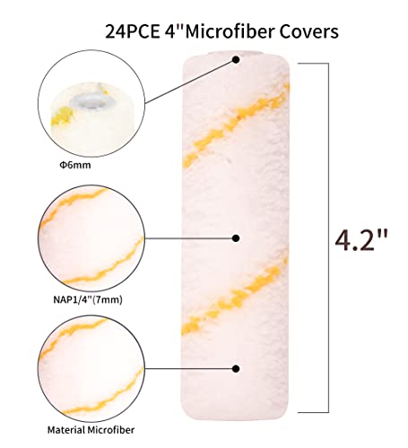 VOOMEY Microfiber Paint Roller Covers 4 Inch，1/3" Nap Mini Roller Covers，Pack of 24,Roller Covers for Painting，Home Painting Supplies