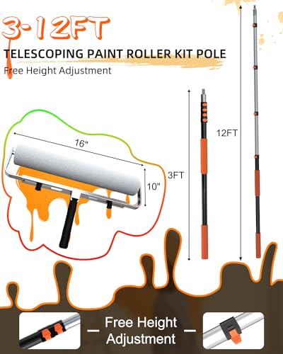 Buyplus 18 Foot High Reach Paint Roller with Lightweight Sturdy Aluminum 3-12FT Telescoping Extension Pole, Multi-Function Paint Roller Kit, House Paint Roller Brush for Walls, Ceiling, Decks, Doors