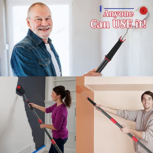 Paint Roller Extension Pole,48in Brush kit Multi-Function Paint Roller kit Cleaner with House Paint Rollers Brush Stainless Steel Pole,Mural Brush for Walls and Ceiling Paint Roller no drip Grey