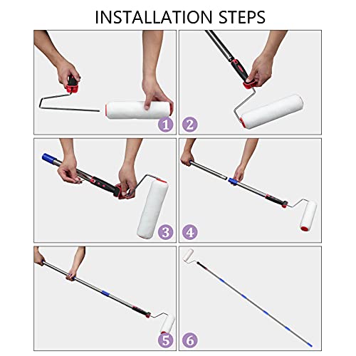 HOSKO 4FT Paint Roller Kits - 9.5 inches Roller Frame with 3 Paint Roller Covers and 36 inches Stainless Steel Detachable Handle - for Painting Walls and Ceiling