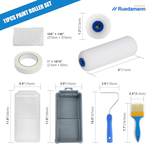 Ruedamann Foam Paint Roller, 4 Inch Paint Roller Kit(11 Piece),Includes Paint Brush,Paint Tray,Paint Rollers,Masking Tape,Mulch Film, House Painting Tools for Painting Cabinets, Furniture, Stenciling