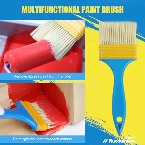 Ruedamann Foam Paint Roller, 4 Inch Paint Roller Kit(11 Piece),Includes Paint Brush,Paint Tray,Paint Rollers,Masking Tape,Mulch Film, House Painting Tools for Painting Cabinets, Furniture, Stenciling