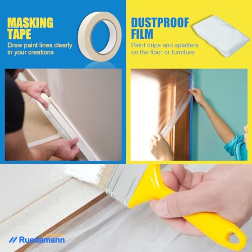 Ruedamann Foam Paint Roller, 4 Inch Paint Roller Kit(11 Piece),Includes Paint Brush,Paint Tray,Paint Rollers,Masking Tape,Mulch Film, House Painting Tools for Painting Cabinets, Furniture, Stenciling