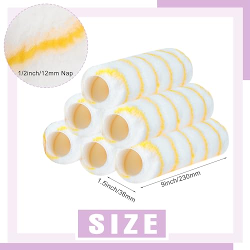 Pinkunn 48 Pcs 9" x 1/2" Paint Roller Covers Nap High Capacity Microfiber Roller Covers for Roller Brush Frame, House Painting Supplies for All Surfaces, Home Repair Tools (Yellow Stripe)