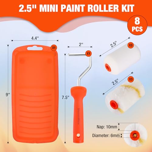 ValueMax 8PCS 2.5" Small Paint Roller Kit, Includes Foam Paint Roller Covers, Microfiber Paint Roller Covers, Paint Tray and Roller Frame, Mini Paint Roller for Painting Cabinets, Doors, Craft Work