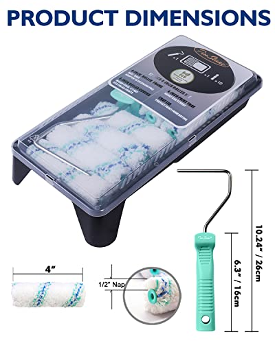 4 inch Small Paint Roller Tray Set, PinStone 12pcs 4" Mini Paint Roller with Extension Threads, 10 Microfiber Covers & Paint Preservation Tray Lid, Mini Rollers for Painting Walls, Cabinets, Touch-ups