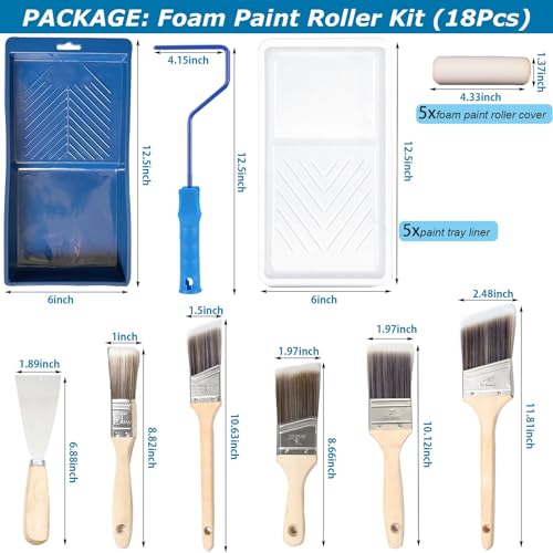 Foam Paint Roller, 18pcs 4 Inch Small Paint Roller Kit and Paint Brushes Mini Paint Foam Roller Refills Paint Trays with Liners High Density Sponge Rollers for Painting Walls
