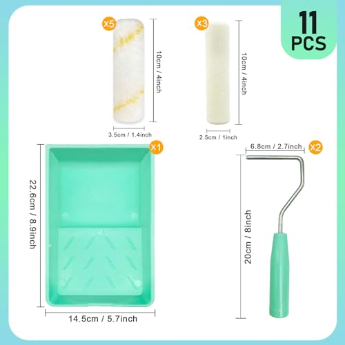 11 Pack Paint Roller Kit, 4 Inch Microfiber Paint Roller Covers, Mini Wool Blend Paint Rollers with Tray, Small Paint Roller Brush Kit for Painting Walls, Doors, Cabinets