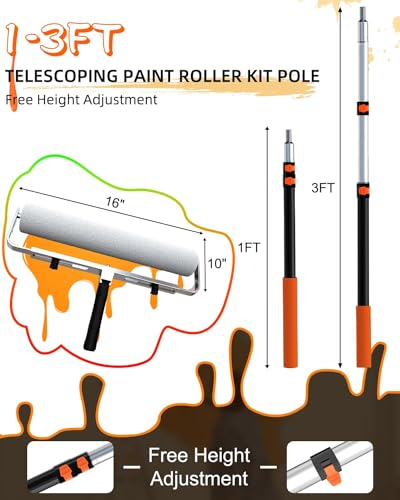 Buyplus 9 Foot High Reach Paint Roller with Lightweight Sturdy Aluminum 1-3FT Telescoping Extension Pole, Multi-Function Paint Roller Kit, House Paint Roller Brush for Walls, Ceiling, Decks, Doors