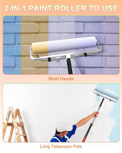 Buyplus 9 Foot High Reach Paint Roller with Lightweight Sturdy Aluminum 1-3FT Telescoping Extension Pole, Multi-Function Paint Roller Kit, House Paint Roller Brush for Walls, Ceiling, Decks, Doors