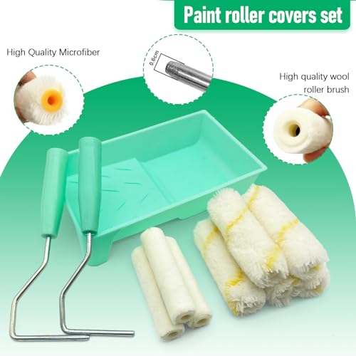 11 Pack Paint Roller Kit, 4 Inch Microfiber Paint Roller Covers, Mini Wool Blend Paint Rollers with Tray, Small Paint Roller Brush Kit for Painting Walls, Doors, Cabinets