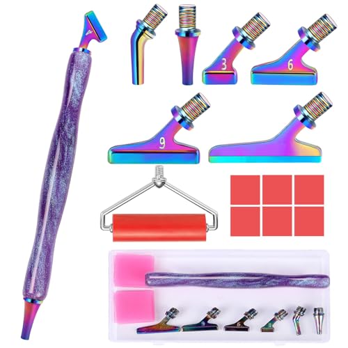 DoreenBow 14Pcs Diamond Art Painting Pen Kit Angled Screw Thread Tips Metal Stainless Steel Rainbow Diamond Art Tips Ergonomic Diamond Art Tools with Roller, Purple Pen