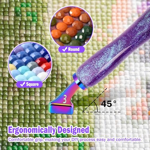 DoreenBow 14Pcs Diamond Art Painting Pen Kit Angled Screw Thread Tips Metal Stainless Steel Rainbow Diamond Art Tips Ergonomic Diamond Art Tools with Roller, Purple Pen