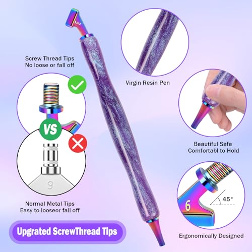 DoreenBow 14Pcs Diamond Art Painting Pen Kit Angled Screw Thread Tips Metal Stainless Steel Rainbow Diamond Art Tips Ergonomic Diamond Art Tools with Roller, Purple Pen