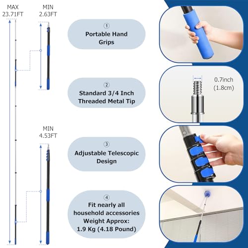 Telescopic Pole, 4.9-to-24 Foot Telescopic Extension Pole, Multi-Purpose Paint Roller Extendable Pole with Universal Twist-on Metal Tip, Sturdy Steel Telescoping Pole for Cleaning and Painting