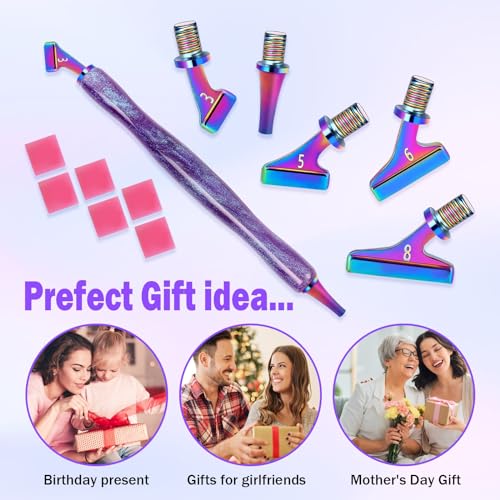 DoreenBow 14Pcs Diamond Art Painting Pen Kit Angled Screw Thread Tips Metal Stainless Steel Rainbow Diamond Art Tips Ergonomic Diamond Art Tools with Roller, Purple Pen