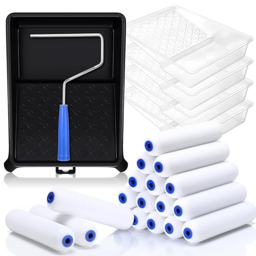 Nezyo 24 Pcs Paint Roller Kit 18 Foam Paint Rollers 6 Inch Roller Frame and Paint Tray with 4 Paint Tray Liners Small Paint Roller Tray Set for Painting Walls, Cabinets