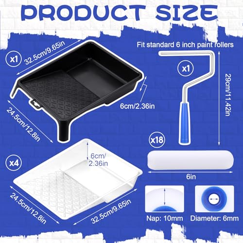 Nezyo 24 Pcs Paint Roller Kit 18 Foam Paint Rollers 6 Inch Roller Frame and Paint Tray with 4 Paint Tray Liners Small Paint Roller Tray Set for Painting Walls, Cabinets