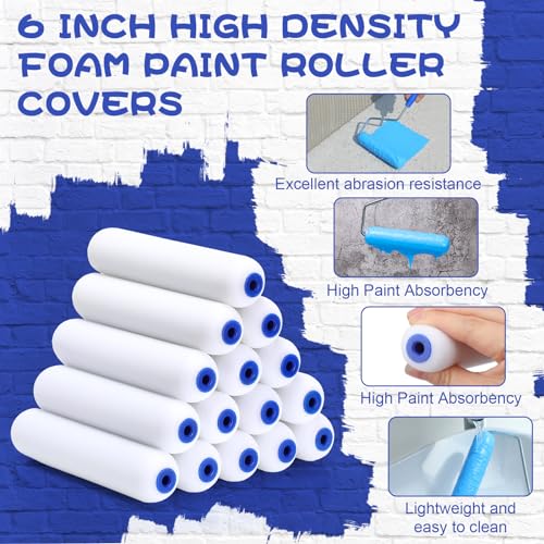 Nezyo 24 Pcs Paint Roller Kit 18 Foam Paint Rollers 6 Inch Roller Frame and Paint Tray with 4 Paint Tray Liners Small Paint Roller Tray Set for Painting Walls, Cabinets