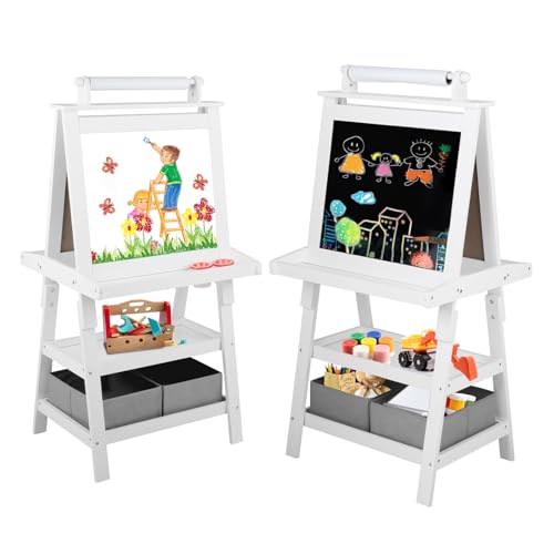 Kinder King 3 in 1 Kids Art Easel w/Storage, Double-Sided Magnetic Whiteboard & Chalkboard, Dry-Erase Board w/Paper Roller, Toddler Children Standing Easel for Painting & Drawing, Accessories, White