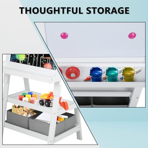 Kinder King 3 in 1 Kids Art Easel w/Storage, Double-Sided Magnetic Whiteboard & Chalkboard, Dry-Erase Board w/Paper Roller, Toddler Children Standing Easel for Painting & Drawing, Accessories, White