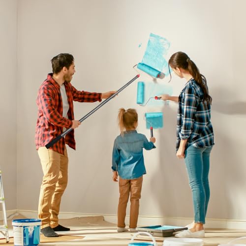 Paint Roller Brush Kit, Paint Roller with 4FT Extension Pole Large Paint Roller Kit for Wall Paint and Ceiling Paint Stainless Steel Poles Splicing Rod