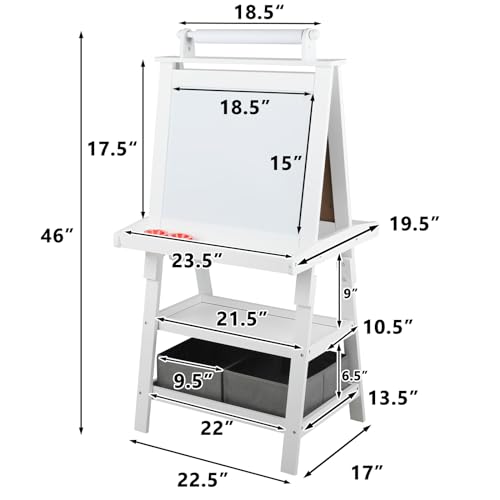 Kinder King 3 in 1 Kids Art Easel w/Storage, Double-Sided Magnetic Whiteboard & Chalkboard, Dry-Erase Board w/Paper Roller, Toddler Children Standing Easel for Painting & Drawing, Accessories, White