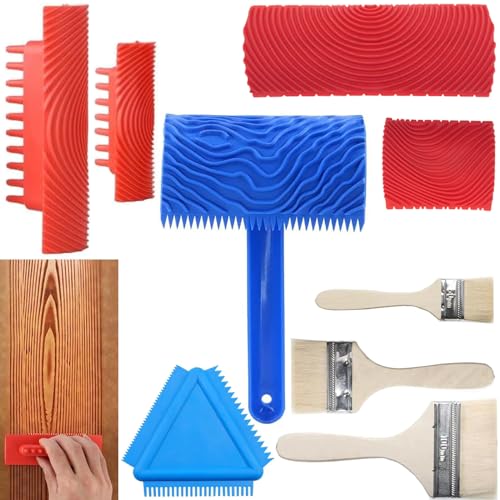 Wood Grain Tool, 9pcs Fake Wood Grain Roller Paint Brushes Rubber Graining Tool Paint Look Like Wood DIY Painting Tools for Walls Floors Room Decoration