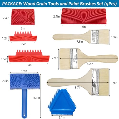 Wood Grain Tool, 9pcs Fake Wood Grain Roller Paint Brushes Rubber Graining Tool Paint Look Like Wood DIY Painting Tools for Walls Floors Room Decoration
