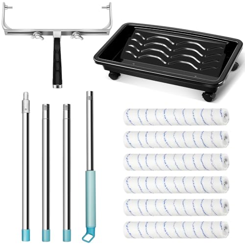 Zhanmai 12 Pcs Large Paint Roller Kit 12-18" Adjustable Roller Frame 1-5ft Steel Extension Pole 6 Pcs 18" Microfiber Paint Roller Sleeves 23.6'' Paint Roller Tray for Wall Ceiling (Blue,with Wheels)