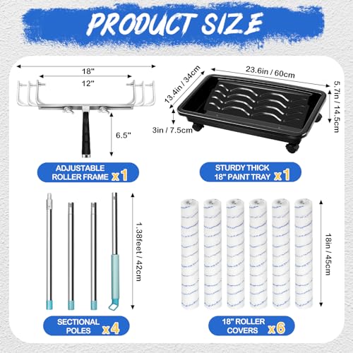 Zhanmai 12 Pcs Large Paint Roller Kit 12-18" Adjustable Roller Frame 1-5ft Steel Extension Pole 6 Pcs 18" Microfiber Paint Roller Sleeves 23.6'' Paint Roller Tray for Wall Ceiling (Blue,with Wheels)