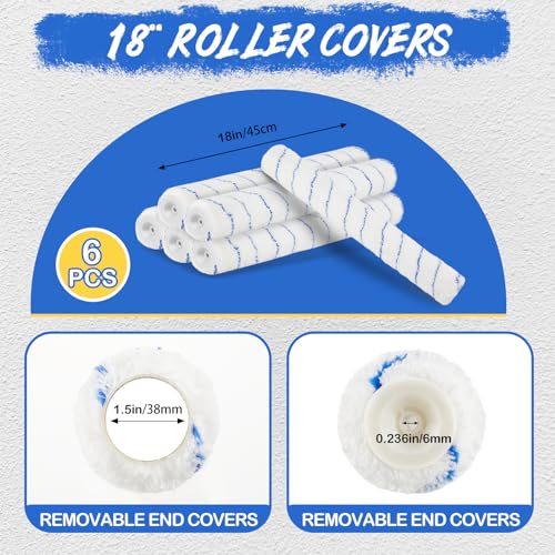 Zhanmai 12 Pcs Large Paint Roller Kit 12-18" Adjustable Roller Frame 1-5ft Steel Extension Pole 6 Pcs 18" Microfiber Paint Roller Sleeves 23.6'' Paint Roller Tray for Wall Ceiling (Blue,with Wheels)