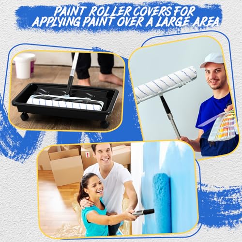 Zhanmai 12 Pcs Large Paint Roller Kit 12-18" Adjustable Roller Frame 1-5ft Steel Extension Pole 6 Pcs 18" Microfiber Paint Roller Sleeves 23.6'' Paint Roller Tray for Wall Ceiling (Blue,with Wheels)