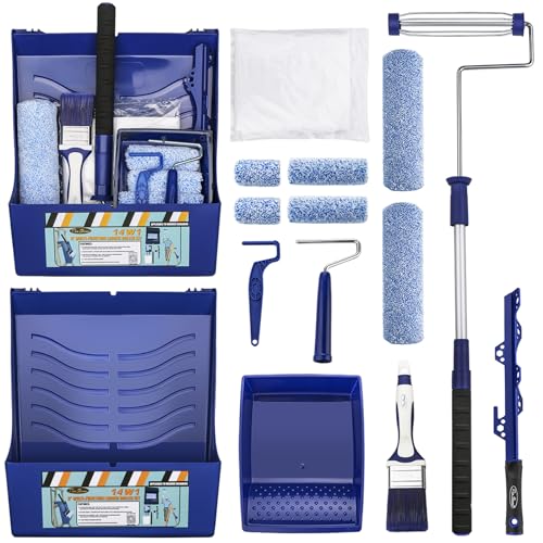 PinStone 15pcs Paint Roller Kit - 12" Ladder Paint Tray, 9" Extendable Paint Roller (18-36 Inch), 4" 2" Mini Roller Frame with Microfiber Covers, Large Paint Kit for Painting Walls, Ceilings, Floors