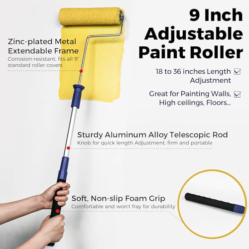 PinStone 15pcs Paint Roller Kit - 12" Ladder Paint Tray, 9" Extendable Paint Roller (18-36 Inch), 4" 2" Mini Roller Frame with Microfiber Covers, Large Paint Kit for Painting Walls, Ceilings, Floors