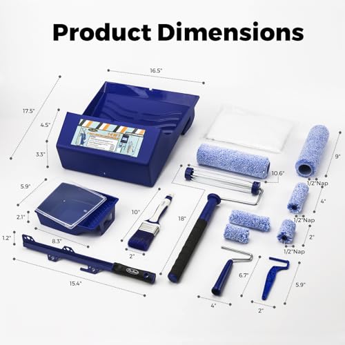 PinStone 15pcs Paint Roller Kit - 12" Ladder Paint Tray, 9" Extendable Paint Roller (18-36 Inch), 4" 2" Mini Roller Frame with Microfiber Covers, Large Paint Kit for Painting Walls, Ceilings, Floors