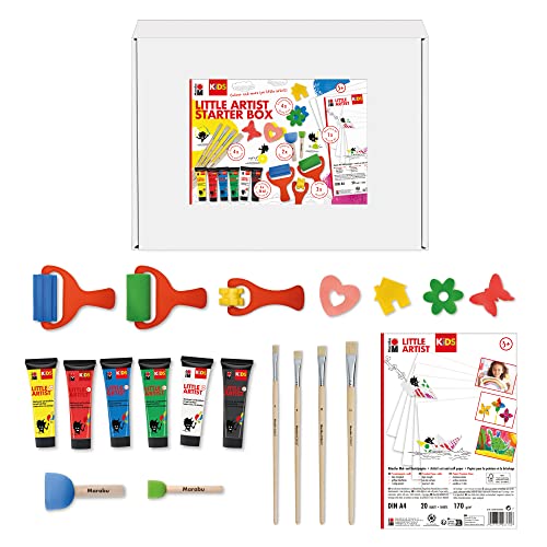 Marabu Kids Little Artist Box, Children, Supplies, Arts & Crafts Starter Kit, 20 Sheets A4 Paper, 4 Brushes, Paint Rollers, 6 X 36ml Multicolour Paints