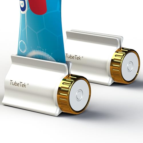 TubeTek Toothpaste Tube Squeezer 2-Pack, Dispenser Roller Wringer for Paint, Lotion, Cream, Glue. Made in USA. Color: Gold