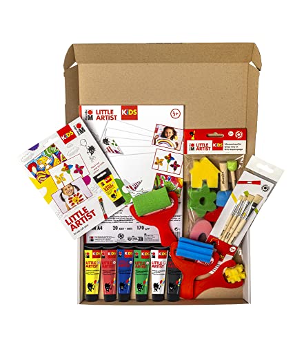 Marabu Kids Little Artist Box, Children, Supplies, Arts & Crafts Starter Kit, 20 Sheets A4 Paper, 4 Brushes, Paint Rollers, 6 X 36ml Multicolour Paints