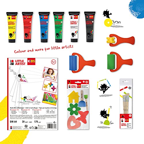 Marabu Kids Little Artist Box, Children, Supplies, Arts & Crafts Starter Kit, 20 Sheets A4 Paper, 4 Brushes, Paint Rollers, 6 X 36ml Multicolour Paints
