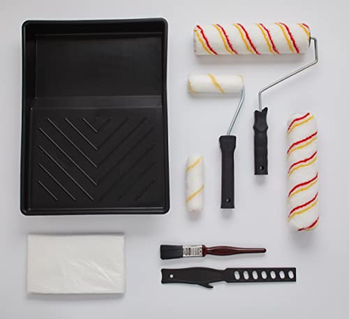 Fit For The Job 10pcs Home Decorating Kit Paint Rollers & Tray Set with Paint Brush,Dust Sheet,Stirrer - Roller Sets for Painting Walls & Ceilings with Emulsion, Mini Roller for Painting with Emulsion