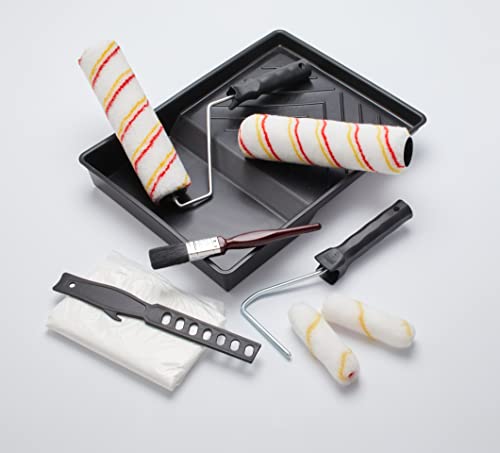 Fit For The Job 10pcs Home Decorating Kit Paint Rollers & Tray Set with Paint Brush,Dust Sheet,Stirrer - Roller Sets for Painting Walls & Ceilings with Emulsion, Mini Roller for Painting with Emulsion