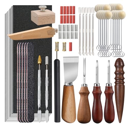 KIVISIN 94 PCS Leather Edge tools kit Including 3 Dye Rollers with 22 Heads, 3 Edge Bevelers, 1 Knife, 1 Burnisher, 39 Sanding Tools, 20 Wool Daubers for Leather Working, Skiving, Burnishing, Painting